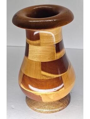 Handmade Segmented Turned Patchwork Mahogany Wood Vase 6" X 4" with glass insert